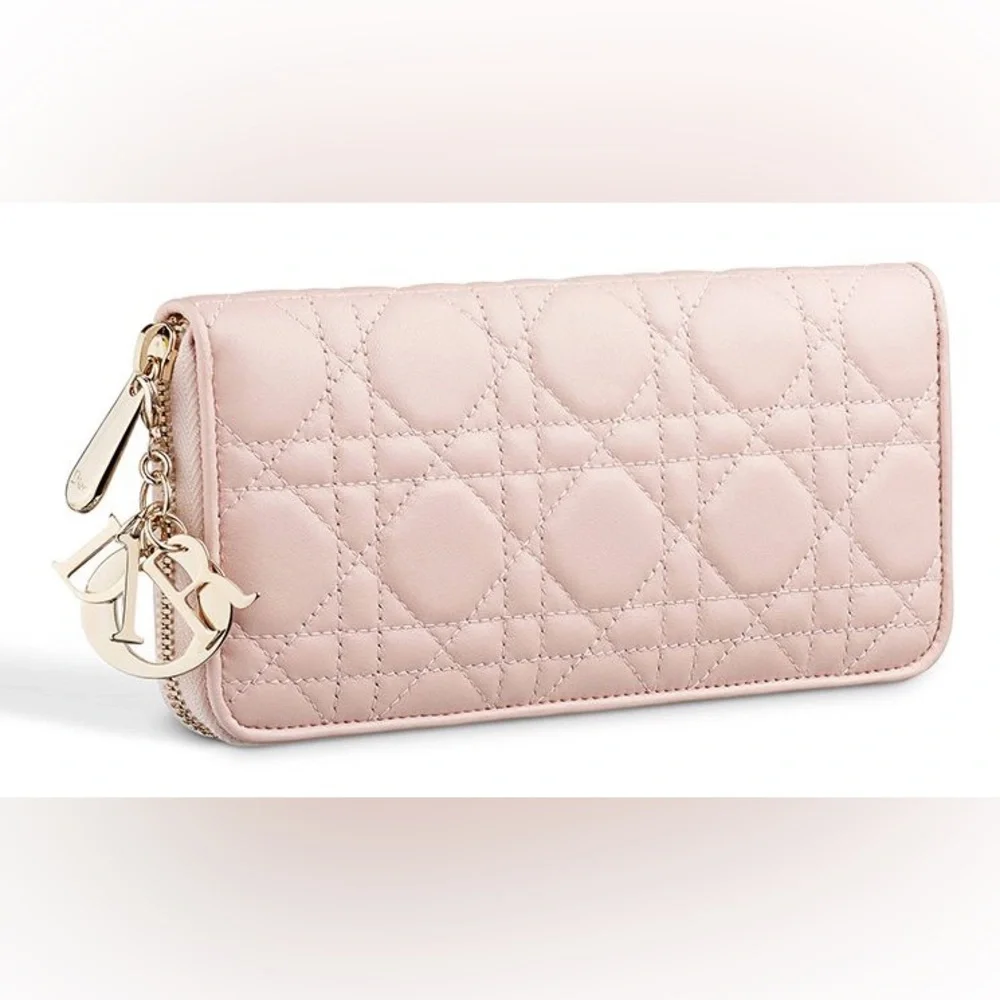 Dior Quilted Cannage Leather Zip Wallet in Pale Pink with Gold Hardware, NWOT